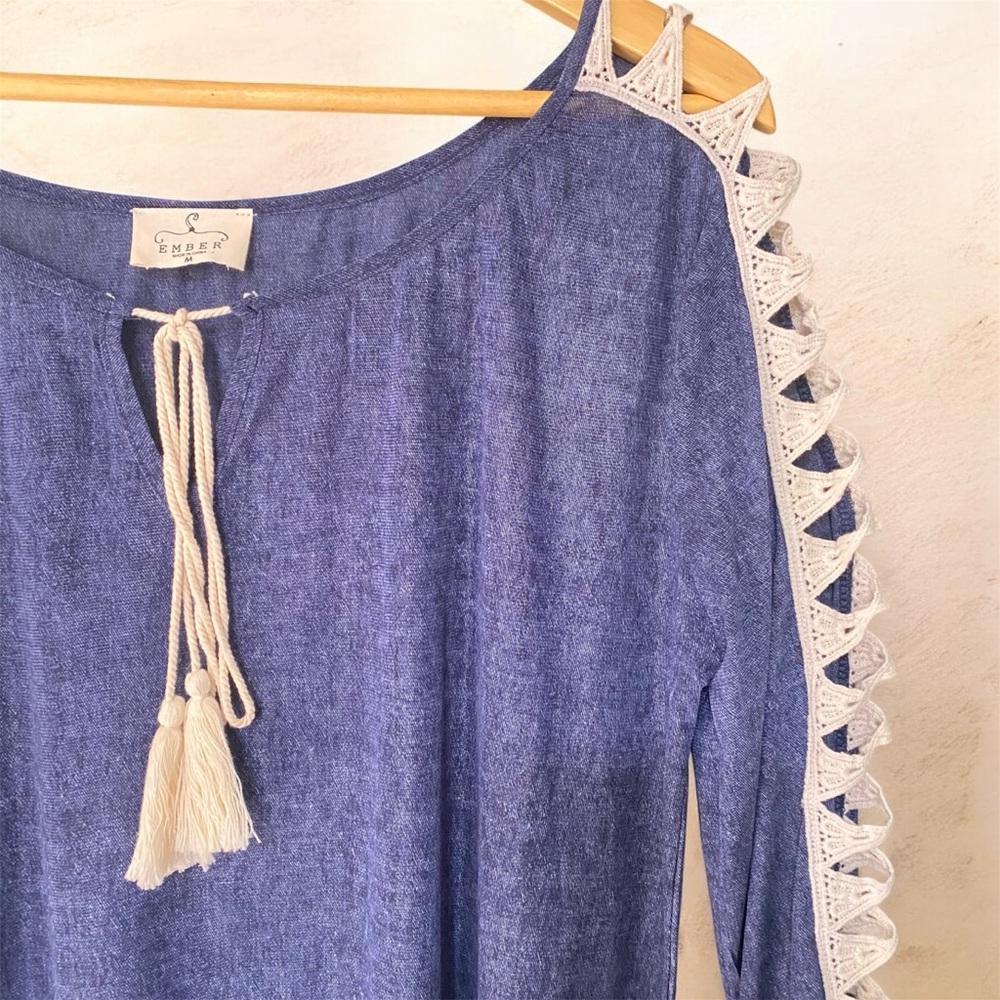 Sheer Blue Tunic with Cream Lace and Tassel